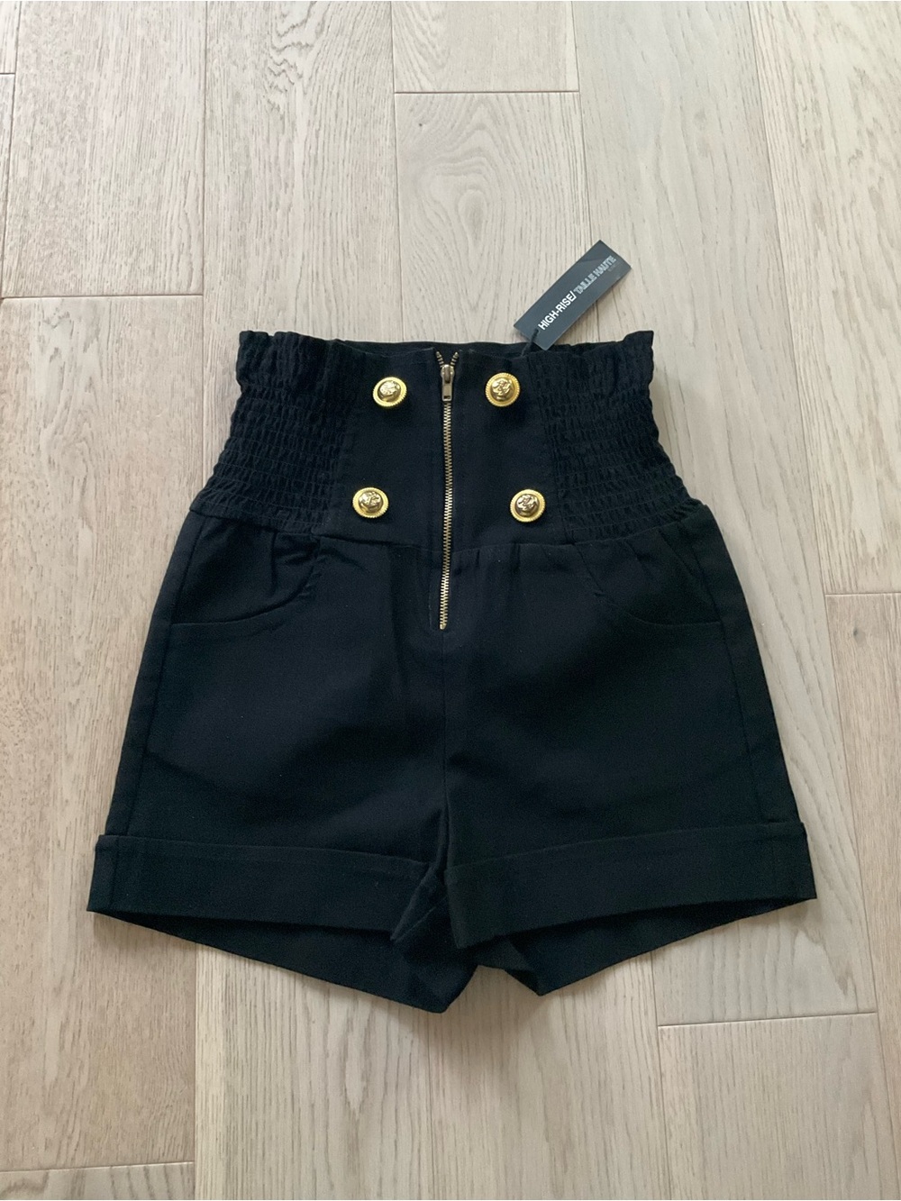 Bluenotes Black High-Waist Smocked Shorts with Gold Buttons